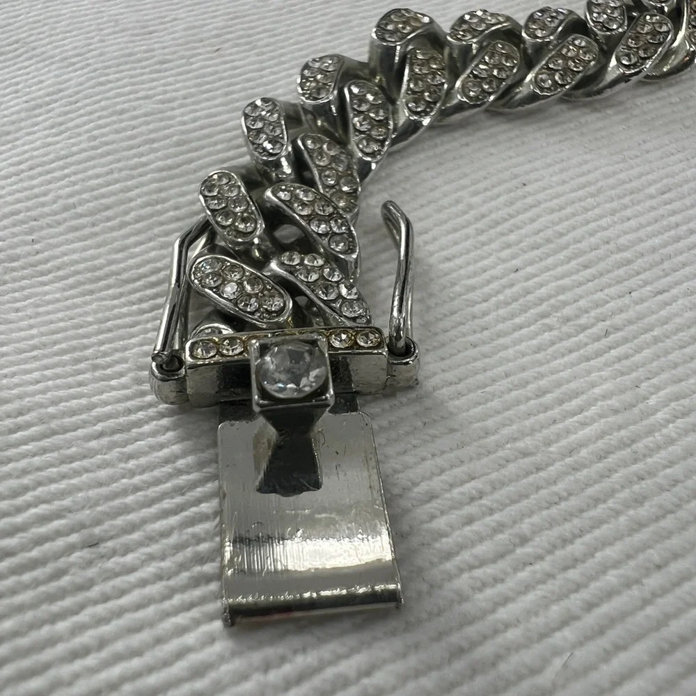 Miami Cuban Link Silver tone with rhinestones Necklace.